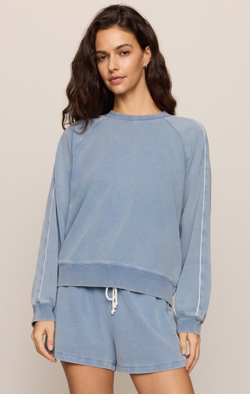 Sport Stripe Boyfriend Knit Denim Sweatshirt